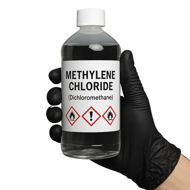 man holding a bottle of methylene chloride