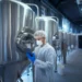 Tech worker inspecting stainless steel tanks in an industrial facility.
